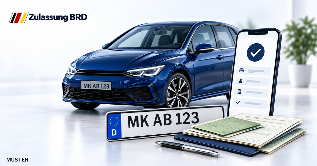 Online Fahrzeugzulassung in Altena: Musterkennzeichen MK AB 123, Auto und Fahrzeugpapiere und Smartphone. Illustration mit Logo von Zulassung BRD.